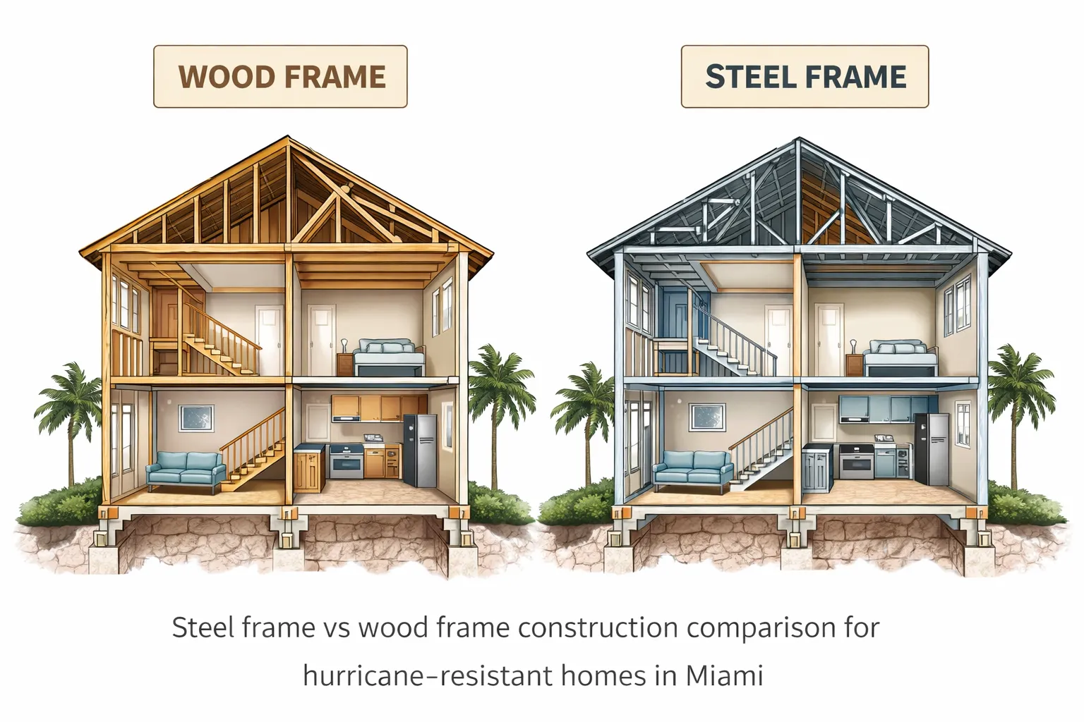 Steel frame vs wood frame construction comparison for hurricane-resistant homes in Miami