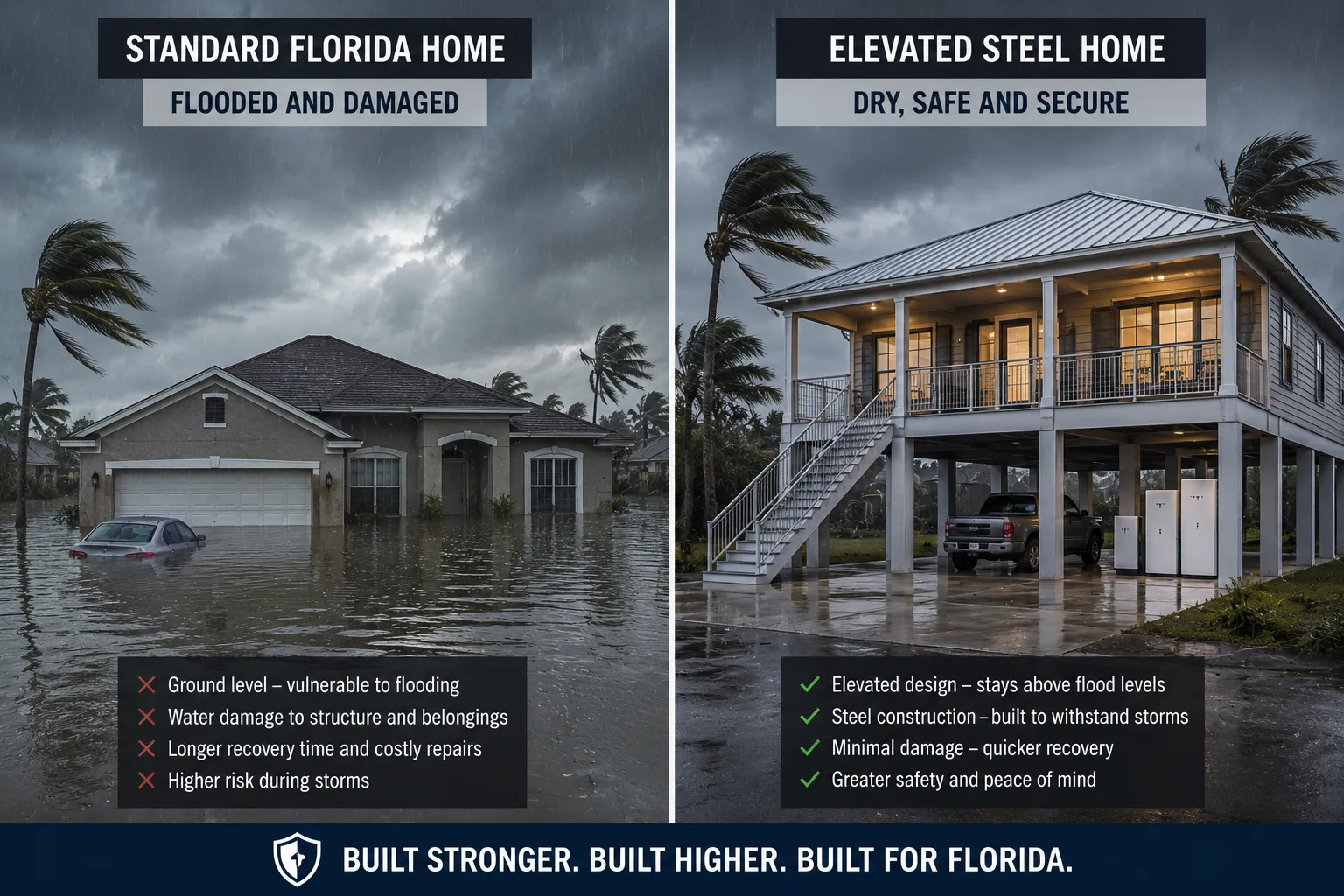 Hurricane Proof Homes in Florida: How to Build a Safer Home in 2026 4 Comparison between traditional Florida home and hurricane proof elevated steel home