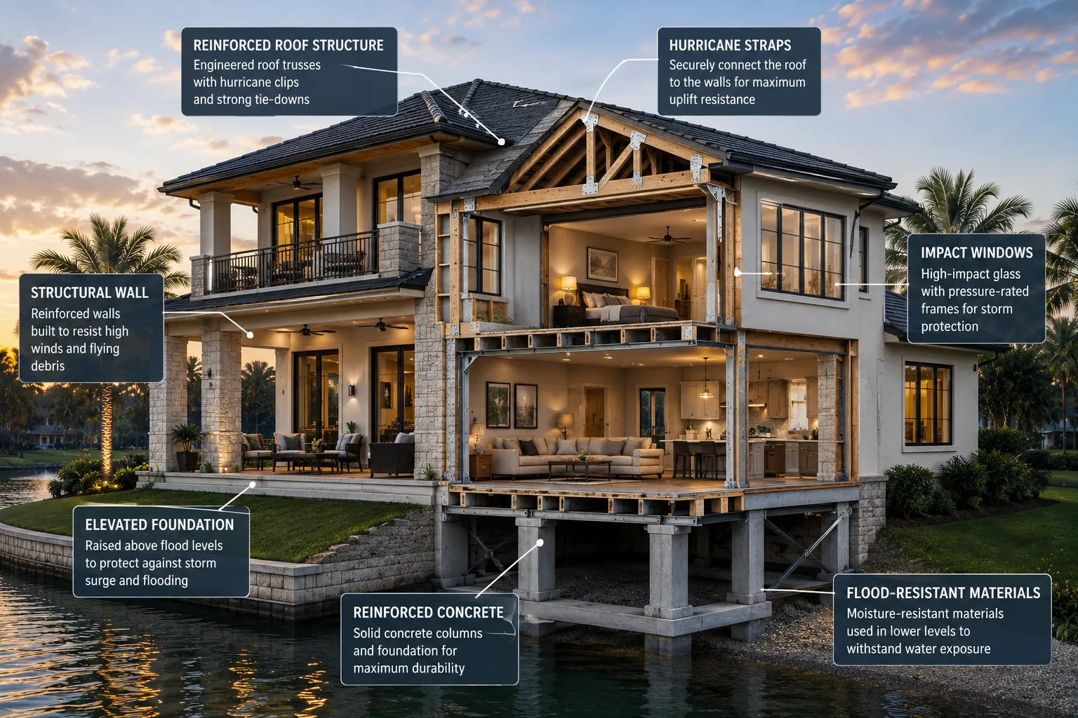 Coastal home with storm-resistant features