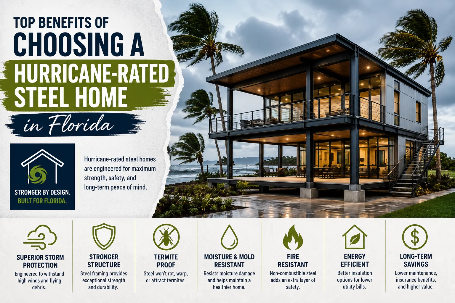 # Top Benefits of Choosing a Hurricane-Rated Steel Home in Florida Florida offers an incredible lifestyle with beautiful coastlines, warm weather, and vibrant communities. However, owning a home in the Sunshine State also means preparing for hurricanes, tropical storms, high humidity, and other extreme weather conditions. As a result, many homeowners are investing in **hurricane-rated steel homes** that provide superior protection and long-term value. Unlike traditional wood-framed houses, steel homes are engineered to withstand harsh environmental conditions while requiring less maintenance over time. Whether you're building a new custom home or replacing an older property, choosing a hurricane-rated steel home can be one of the smartest investments you make. In this guide, we'll explore the top benefits of hurricane-rated steel homes and why they're becoming the preferred choice for Florida homeowners. --- ## TL;DR Hurricane-rated steel homes are designed to provide exceptional wind resistance, durability, and long-term performance. They offer protection against hurricanes, termites, moisture, and fire while reducing maintenance costs and improving energy efficiency—making them an excellent option for Florida's demanding climate. --- ## What Is a Hurricane-Rated Steel Home? A hurricane-rated steel home is built using structural steel framing and engineered components designed to meet or exceed local wind load requirements. These homes often include: * Steel structural framing * Reinforced roof systems * Hurricane straps and anchors * Impact-resistant windows and doors * Durable exterior materials * Continuous load paths from roof to foundation Together, these features help improve a home's ability to withstand severe weather events. --- ## 1. Outstanding Hurricane Protection One of the biggest reasons homeowners choose steel construction is its exceptional strength during hurricanes. Steel framing is engineered to resist high wind loads, helping reduce the risk of: * Roof uplift * Structural movement * Wall failure * Storm damage When combined with proper engineering and hurricane-resistant building practices, steel homes offer significantly greater resilience than many traditional wood-framed homes. --- ## 2. Exceptional Structural Strength Steel has one of the highest strength-to-weight ratios in construction. This allows homes to maintain their structural integrity under demanding conditions while supporting: * Larger open floor plans * Longer roof spans * Better load distribution * Improved building stability Strong framing is one of the key reasons steel homes perform so well during extreme weather. --- ## 3. Protection Against Termites Florida's warm climate creates ideal conditions for termite activity. Unlike wood framing, steel: * Cannot be eaten by termites * Doesn't require termite treatments * Eliminates structural pest damage This can save homeowners thousands of dollars in future repair costs. --- ## 4. Moisture and Mold Resistance Humidity is a constant challenge across Florida. Wood framing can absorb moisture, leading to: * Rot * Mold growth * Structural weakening * Warping Steel framing does not absorb water, helping maintain the home's strength while reducing moisture-related maintenance. --- ## 5. Lower Maintenance Costs Traditional homes often require ongoing repairs related to wood deterioration. Steel homes eliminate many of these concerns because steel: * Doesn't crack * Doesn't shrink * Doesn't warp * Doesn't rot As a result, homeowners enjoy fewer structural maintenance issues throughout the life of the home. --- ## 6. Better Fire Resistance Steel is a non-combustible building material. Although no home is completely fireproof, steel framing does not contribute fuel to a fire the way wood does. This added protection provides another important safety advantage. --- ## 7. Long-Term Cost Savings While hurricane-rated steel homes may involve a slightly higher upfront investment, they often reduce ownership costs through: * Fewer storm repairs * Lower maintenance expenses * Reduced termite treatment costs * Longer structural lifespan * Potential insurance savings for qualifying homes Many homeowners find that these savings offset the initial construction investment over time. --- ## 8. Improved Energy Efficiency Modern steel homes can be designed for outstanding energy performance. Common features include: * Advanced insulation systems * Energy-efficient windows * Reflective roofing * High-performance HVAC equipment * Tight building envelopes These improvements help reduce heating and cooling costs throughout the year. --- ## 9. Better Resale Value Today's buyers are increasingly looking for homes that offer durability and hurricane protection. A hurricane-rated steel home often appeals to buyers because it provides: * Stronger construction * Lower maintenance expectations * Modern engineering * Long-lasting structural performance These advantages can increase buyer confidence and improve resale potential. --- ## 10. Built for Florida's Climate Florida presents several unique environmental challenges. Steel homes are well suited for: * Coastal environments * High humidity * Heavy rainfall * Hurricane zones * Tropical weather conditions Their ability to withstand these conditions makes them a practical long-term investment. --- ## Hurricane-Rated Steel Homes vs Traditional Homes | Feature | Hurricane-Rated Steel Home | Traditional Wood Home | | -------------------- | -------------------------- | --------------------- | | Hurricane Resistance | Excellent | Moderate | | Wind Performance | Very High | Moderate | | Termite Resistance | Complete | Vulnerable | | Moisture Resistance | Excellent | Can Rot | | Fire Resistance | Better | Moderate | | Maintenance | Low | Higher | | Structural Lifespan | Long | Shorter | --- ## Who Should Consider a Hurricane-Rated Steel Home? These homes are ideal for: * Coastal homeowners * Families building new custom homes * Property investors * Vacation home owners * Retirees seeking low-maintenance living * Anyone wanting greater hurricane protection Whether you live on the Gulf Coast, Atlantic Coast, or inland Florida, investing in stronger construction offers valuable peace of mind. --- ## Frequently Asked Questions ### Are hurricane-rated steel homes worth the investment? For many Florida homeowners, yes. The combination of durability, lower maintenance, and improved storm resistance makes steel homes an excellent long-term investment. ### Can steel homes withstand Category 5 hurricanes? No home can guarantee survival in every possible storm scenario. However, properly engineered hurricane-rated steel homes generally perform much better than conventional wood-framed homes during extreme wind events. ### Do steel homes require less maintenance? Yes. Steel framing resists termites, moisture, rot, and warping, significantly reducing long-term maintenance needs. ### Are steel homes energy efficient? Yes. When combined with quality insulation and energy-efficient building systems, steel homes can deliver excellent energy performance. ### Can steel homes increase property value? Many buyers value hurricane-resistant construction, making steel homes attractive in Florida's competitive housing market. --- ## Final Thoughts As hurricanes become more frequent and severe, Florida homeowners are placing greater importance on safety, durability, and long-term value. Hurricane-rated steel homes provide an effective solution by combining advanced engineering with resilient construction materials designed to perform in Florida's challenging environment. From superior wind resistance and lower maintenance to improved energy efficiency and long-term savings, steel homes offer advantages that extend well beyond hurricane season. If you're planning to build a home in Florida, choosing a hurricane-rated steel home is an investment in resilience, comfort, and peace of mind for years to come.